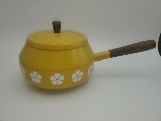 Vintage Yellow Enamel Fondue Pot With Wood Handle Japan Retro Mid - Century