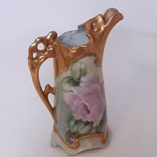 Antique Vintage Mini Ceramic Pitcher Hand Painted Rose Art 22kt Gold Gild Carson 3