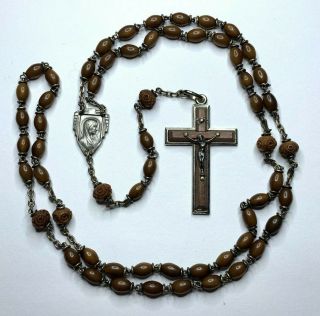 † Vintage " Our Lady Of Lourdes " Ring Capped Brown Wood Rosary 26 " Layered Cross†