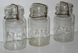 3 Vintage Atlas E - Z Seal Clear Quart Canning Jars W/ Wire Bail & Glass Lids