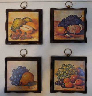 Vintage Set Of 4 Fruit Design Wood Plaques Decoupage Pictures