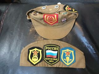 Vintage Russian Ussr Military Hats 1980s Army Pilotka Soviet Pins Patches Cap