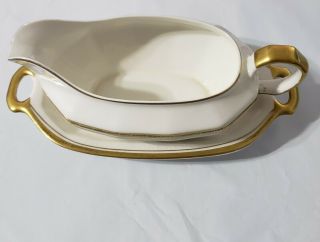 Vintage Edwin M.  Knowles Semi - Gravy Boat With Plate Warranted 18 Carat Gold