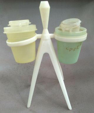 Vintage Tupperware Atomic Midget Salt And Pepper Shakers With Stand