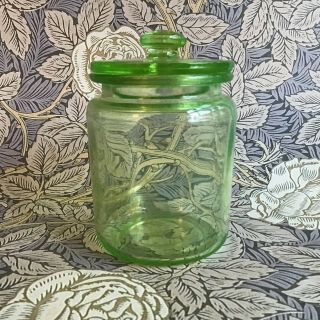 Vintage 3 - 1/2” Vaseline Green Depression Glass Provision Canister Jar With Lid