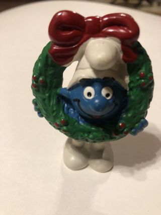 Vintage Pvc Smurf With Christmas Crown Peyo Schleich Made In Portugal 1981