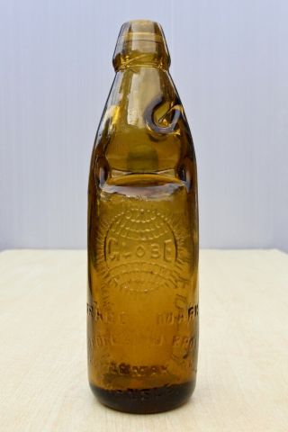 Vintage Groves & Whitnall Salford Globe Pict Dark Amber Brown 10oz Codd Bottle