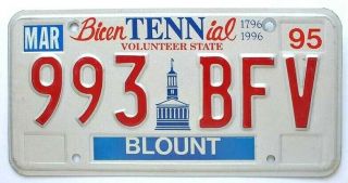 Tennessee 1995 State Bicentennial License Plate,  993 Bfv,  Blount County,  Natural