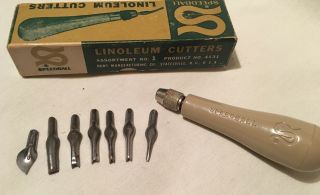 Vintage Speedball Linoleum 4131loading Handle Cutter W Orig Box & 7 Blades Usa