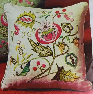 Jacobean Bloom Vintage Crewel Embroidery Kit Pillow Kit Ecru Linen Paragon