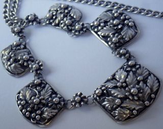 Vintage Art Deco Hand Wrought Sterling Silver Flower & Leaf Necklace