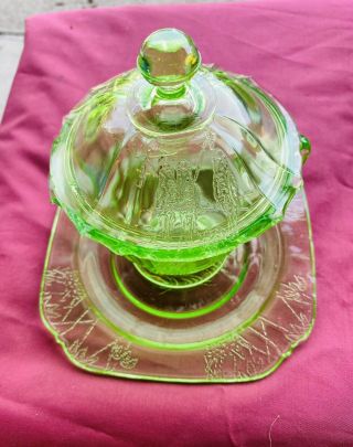 Vintage Federal Sylvan Parrot Design Green Depression Glass,  Saucer And Lid