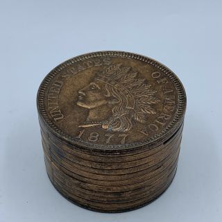 Vintage Indian Head Penny Coin Bank 1877 Embossed Metal Stack Copyright 1975