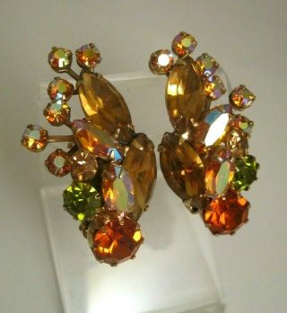 Vintage Signed Weiss Green Orange Gold Aurora Borealis Clip - On Earrings