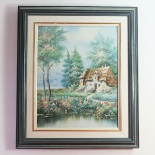 Vintage Framed Oil Painting,  Forest Cottage By Lake Scene Landscape,  Teresa
