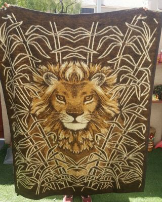 Vtg Acryl Velours Lion Reversible Blanket Brown Cream Biederlack Ibena 56x68 "