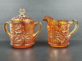 Vintage Imperial Carnival Glass Luster Rose Marigold Pitcher & Sugar Euc