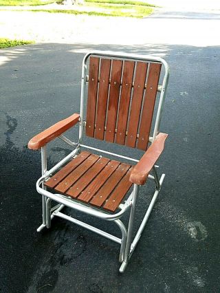 Vintage Red Wood Slat & Aluminum Lawn Chair Rocker Folding Rocking Cedar
