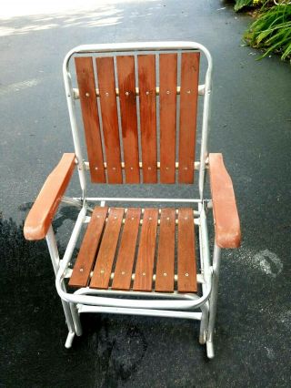 Vintage Red Wood Slat & Aluminum Lawn Chair Rocker Folding Rocking Cedar 2