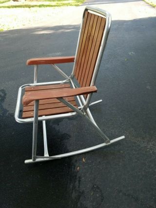 Vintage Red Wood Slat & Aluminum Lawn Chair Rocker Folding Rocking Cedar 3