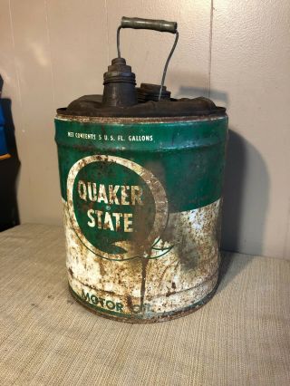 Vintage Quaker State 5 Gallon Motor Oil Can With Cap Plastic Handle