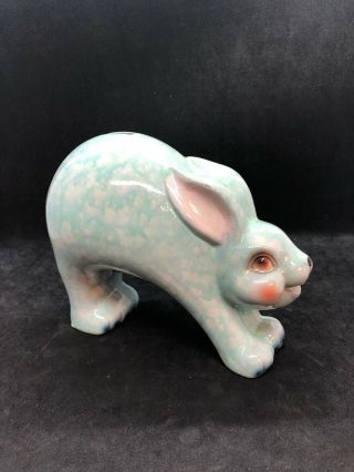 Vintage Bunny Rabbit Piggy Bank Ceramic Aqua With Rubber Stopper
