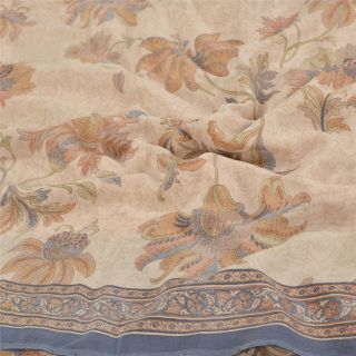 Sanskriti Vintage Cream Sarees 100 Pure Crepe Silk Printed Sari Craft Fabric 3