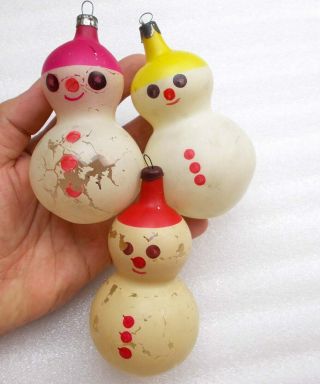 3 Vintage Glass Russian Xmas Christmas Tree Ornaments Decorations Snowmans