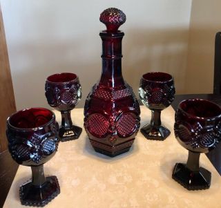 Vintage Avon Wine Decanter And 4 Goblets Set Ruby Red Glass Cape Cod Bar Ware