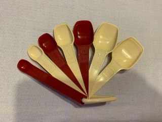 Vintage Set Of 7 Red/ White Tupperware Measuring Spoons Complete W/ring Nesting
