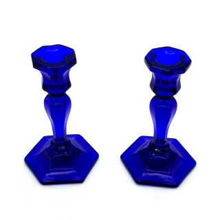 Cobalt Blue Glass Small Candlestick Holders Vintage - Set Of 2