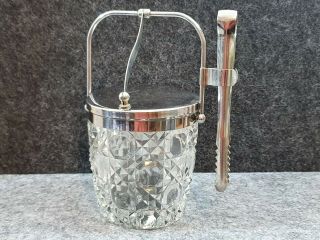 Vintage Cut Crystal Glass Ice Bucket W Tongs Luxe Barware Drinks Trolley