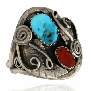 Mae Bia Vintage Navajo Sterling Silver Coral & Turquoise Ring