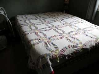 Vintage Wedding Ring Quilt Top - Feedsack Fabric - Hand Applique - 78 X 78