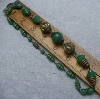 Vintage Czech Art Deco Jade Green Uranium Glass Bead & Metal Necklace Max Neiger 2