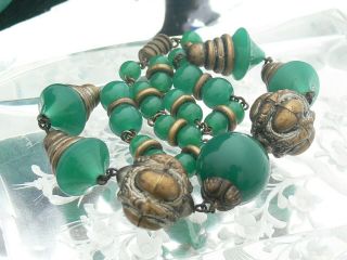 Vintage Czech Art Deco Jade Green Uranium Glass Bead & Metal Necklace Max Neiger 3