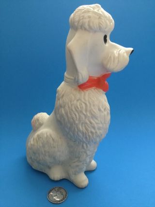 VTG SHAGGY DOG COIN BANK VINYL SEATED WHITE TOY POODLE BLOW MOLD 8” BOW BIG EYE 2