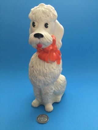 VTG SHAGGY DOG COIN BANK VINYL SEATED WHITE TOY POODLE BLOW MOLD 8” BOW BIG EYE 3