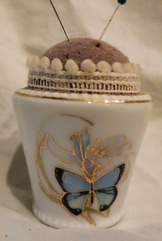Vintage Ceramic Pin Cushion W/ Flowers And Butterflies - Napcoware - Japan.  Guc.  2 "