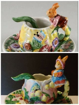 2 Vintage Bunny Rabbit Garden Cup & Saucer Tea Set Merc Asia 1999 W Spoon Plate