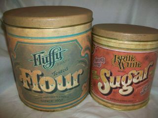 2 Vintage Ballonoff Metal Tin Canisters Brite White Sugar Fluffy Flour Green