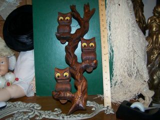 Vintage Carved Witco Owl Cryptomeria Wood Wall Art Tall 3 Owls 19 " Tall