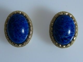 1980s Christian Dior Germany Vintage Lapis & Gold Tone Clip On Earrings Signed