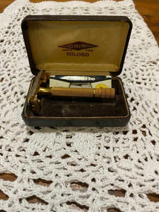 Vintage 1949 Gold Gillette Milord Safety Razor In Case