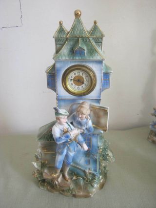 Vintage Ornate Large Porcelain Figural Clock Woman In Tower W/ Hunter,  European?