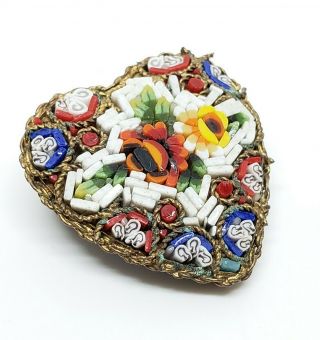 Vintage Signed Rm Italy Brass Colorful Glass Micro Mosaic Floral Heart Brooch
