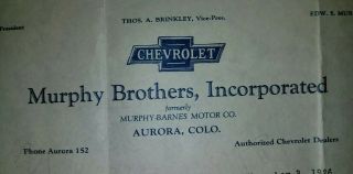 Vintage Letter From A Chevrolet Dealership In Aurora Colorado 1926