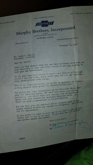 Vintage Letter From A Chevrolet Dealership In Aurora Colorado 1926 2