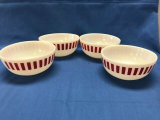 Set Of 4 Vintage Hazel Atlas Red Candy Stripe Glass Cereal Soup Bowls 1950s