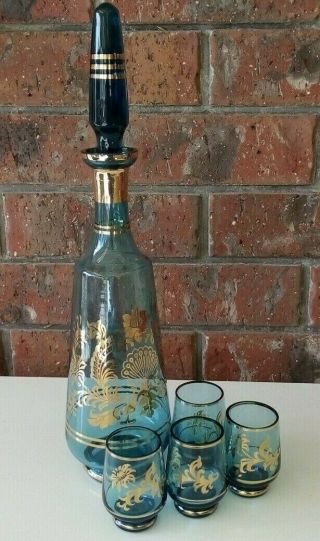 Tall Vintage Blue Glass & Gilt Port Wine Decanter Set With Four Glasses.  41cms